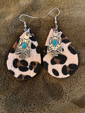 Leopard Print Teardrop Earrings with Turquoise Accent - Women Jewelry
